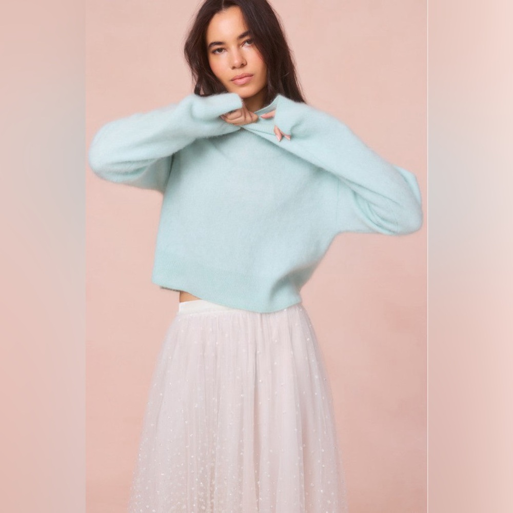 LoveShackFancy Bellman Cropped Cashmere Pullover Sweater, Mint Gelato Teal Blue